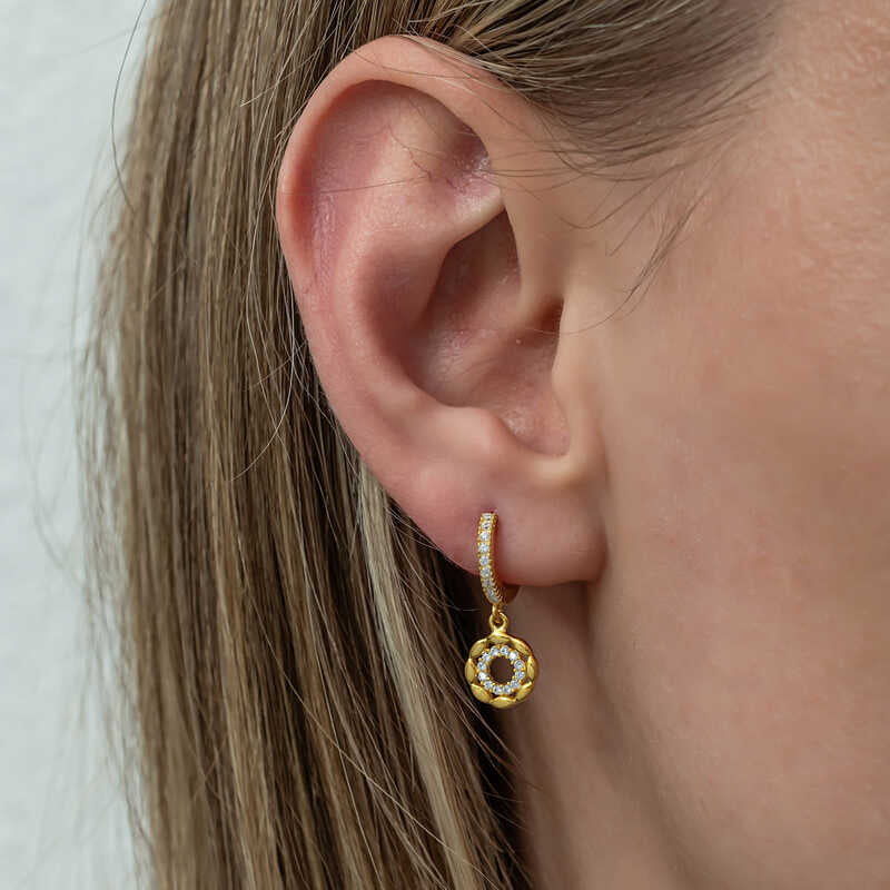 Gold-Tone Zirconia Hoop Dangle Earrings - Elegant Floral Charm