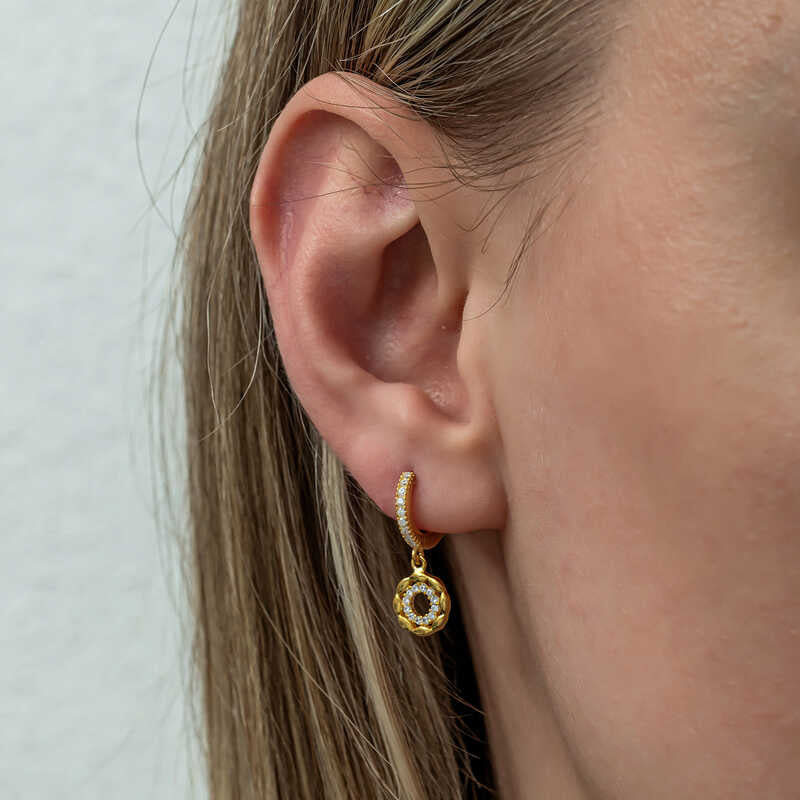 Gold-Tone Zirconia Hoop Dangle Earrings - Elegant Floral Charm