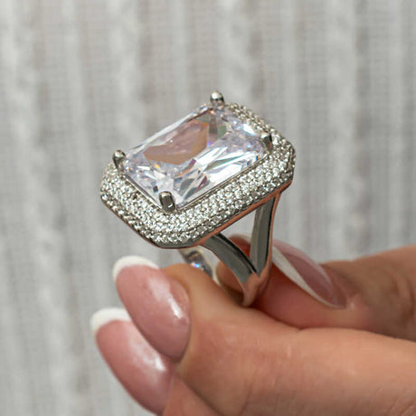 Statement Ring - Silver-Tone Cubic Zirconia Emerald Cut Halo