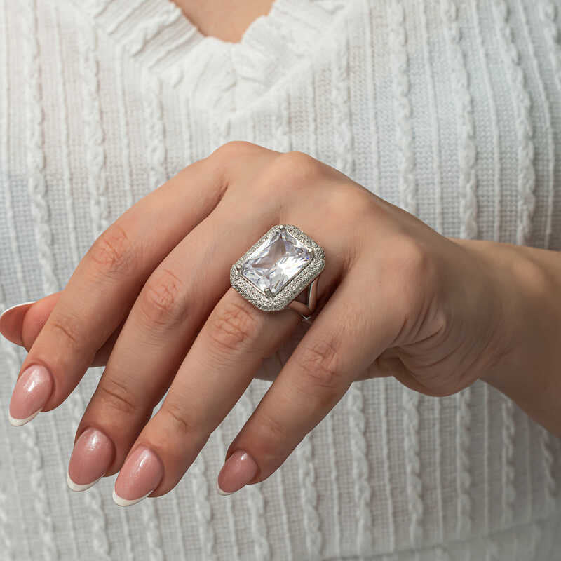 Statement Ring - Silver-Tone Cubic Zirconia Emerald Cut Halo