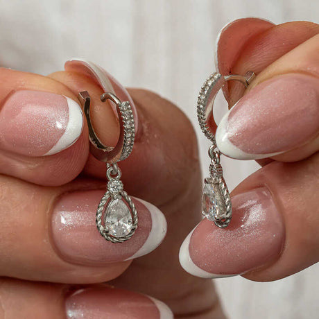 Sterling Silver Dangle Earrings - Teardrop Cubic Zirconia & Pave Hoop
