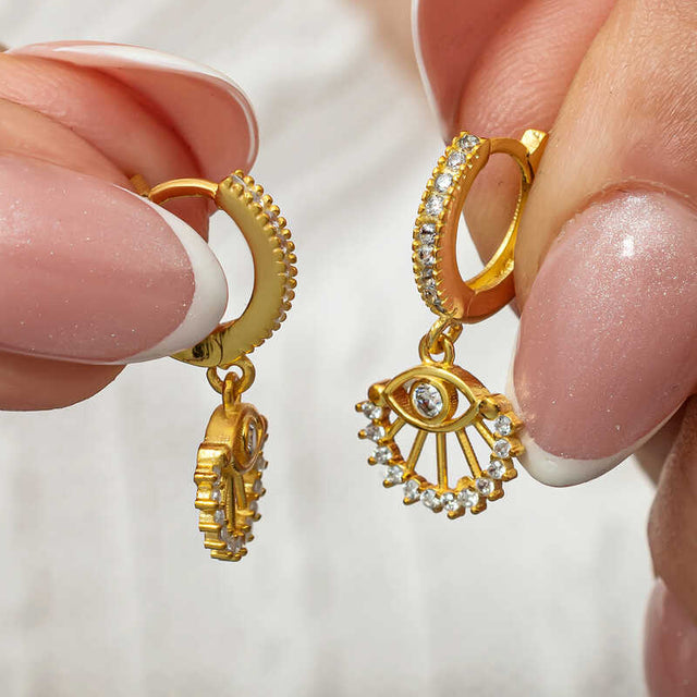 Dangle Hoop Earrings - Gold-Tone Zirconia Evil Eye Charm