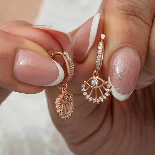 Rose Gold Plated Sterling Silver Dangle Earrings - Sparkling Evil Eye CZ
