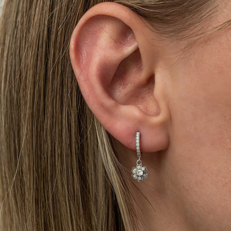 Sterling Silver Hoop Earrings - Dainty Floral Dangle with Sparkle