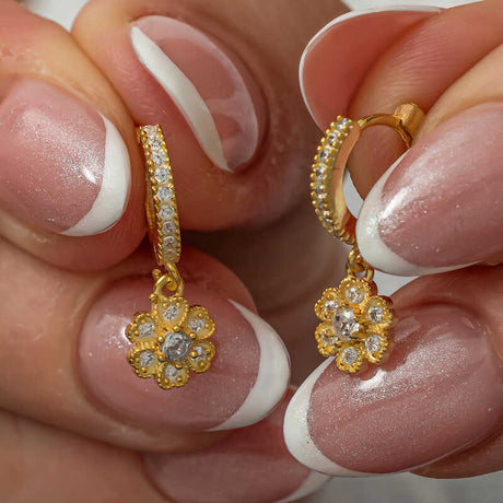 Gold-Tone Floral Dangle Hoop Earrings - Pave Cubic Zirconia