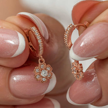 Rose Gold Plated Dangle Hoop Earrings - Sparkling Floral CZ