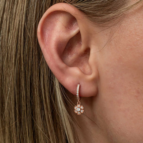 Rose Gold Plated Dangle Hoop Earrings - Sparkling Floral CZ