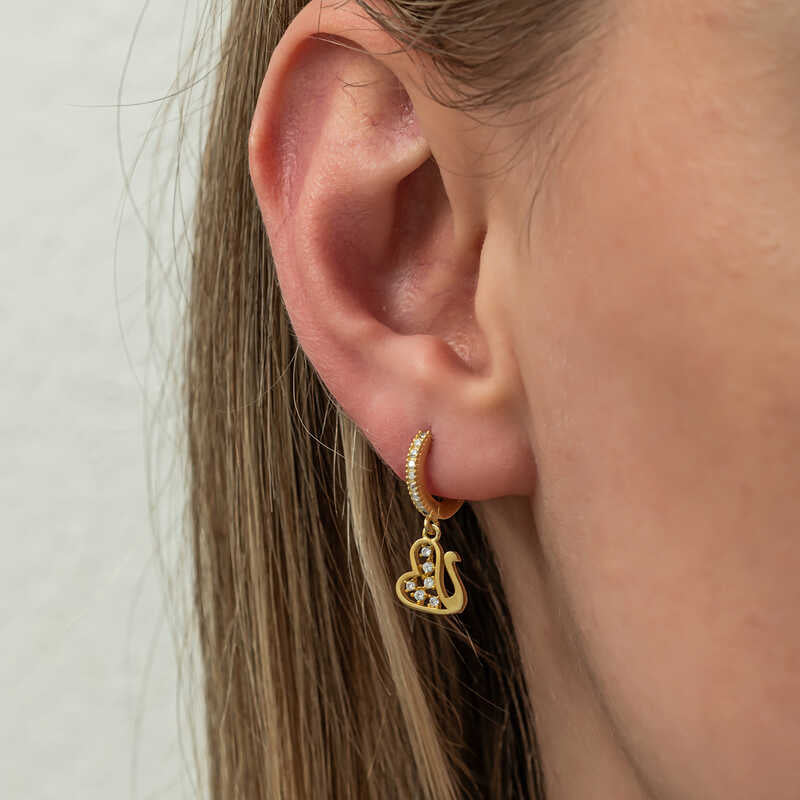 Dangle Earrings - Gold-Tone Swan Charm with Sparkling Zirconia Pavé Hoops
