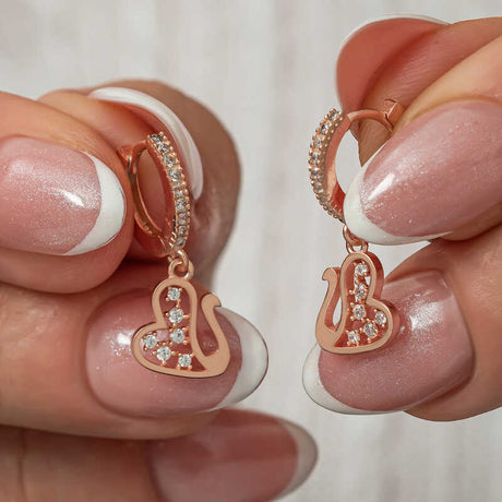 Rose Gold Plated Swan Heart Dangle Hoop Earrings - Zirconia Embellished