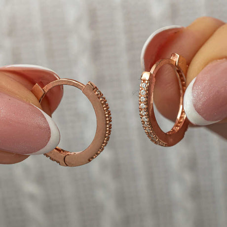 Hoop Earrings - Rose Gold Plated Zirconia Pave Dainty Huggies