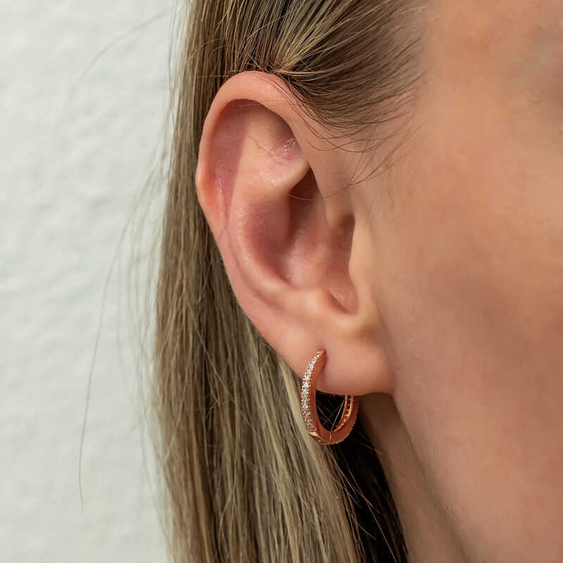 Hoop Earrings - Rose Gold Plated Zirconia Pave Dainty Huggies