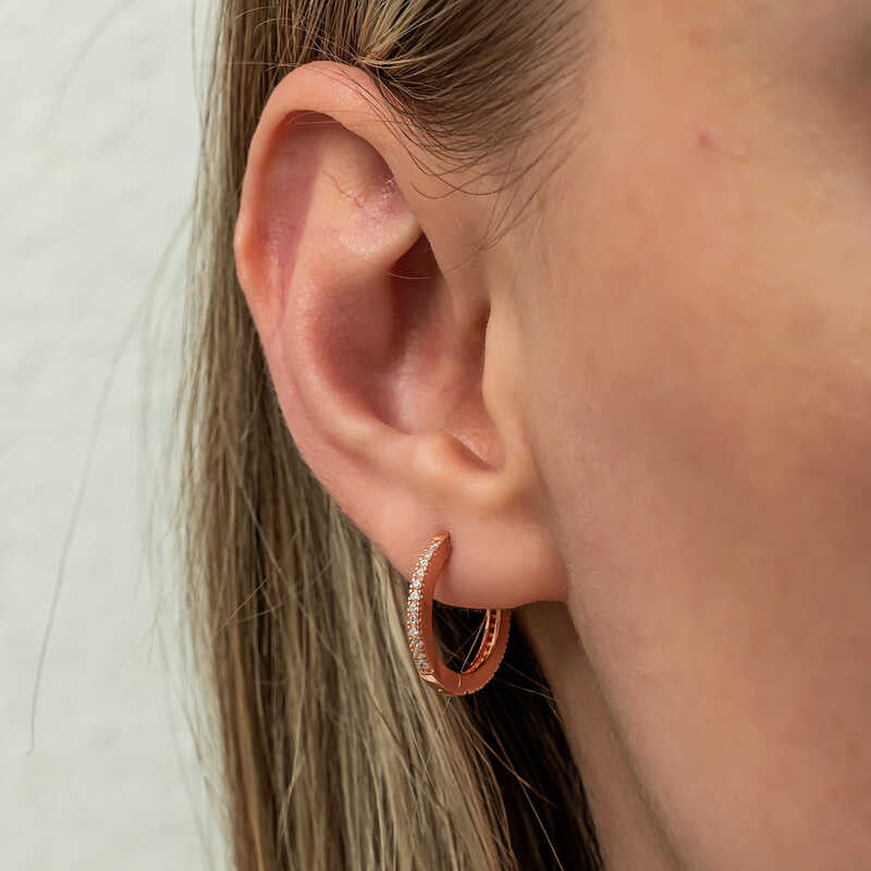 Hoop Earrings - Rose Gold Plated Zirconia Pave Dainty Huggies