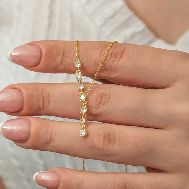 Gold-Tone Zircon Dainty Drop Necklace - Linear Sparkle Design