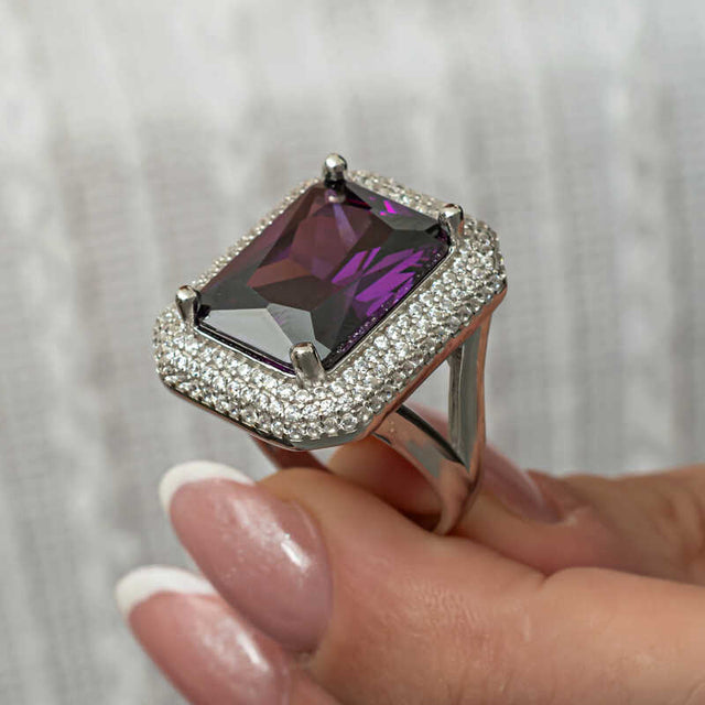 Statement Ring - Sterling Silver Purple Zircon Halo Design