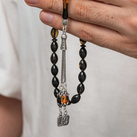 Tesbih Prayer Beads - Pressed Amber & Black Stone with Sterling Silver Tassel