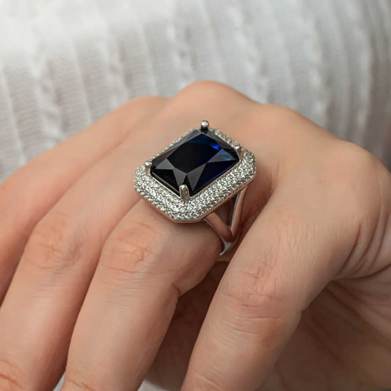Sterling Silver Navy Zircon Ring - Elegant Pave Halo Statement