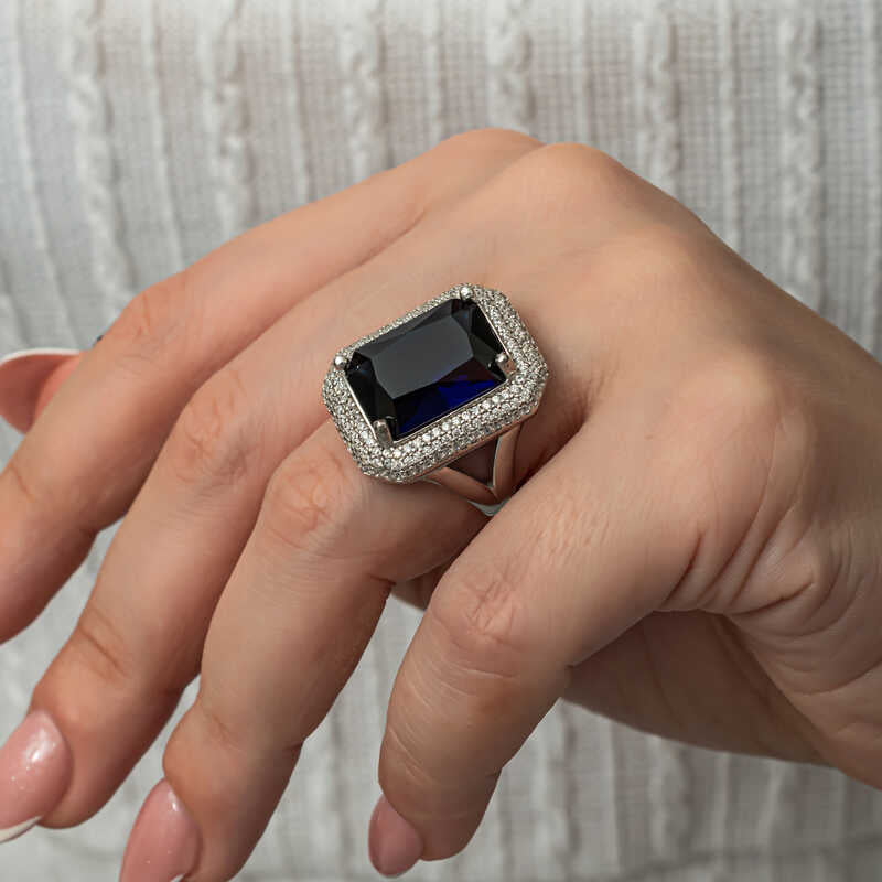 Sterling Silver Navy Zircon Ring - Elegant Pave Halo Statement