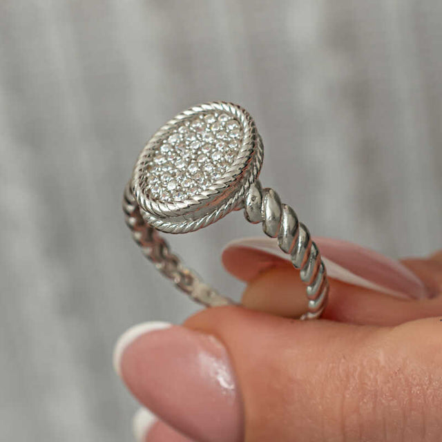 Ring - Sterling Silver Zircon Oval Pave Rope Edge Statement Ring