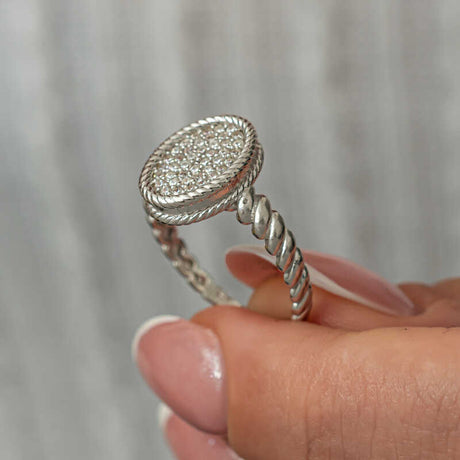 Ring - Sterling Silver Zircon Oval Pave Rope Edge Statement Ring