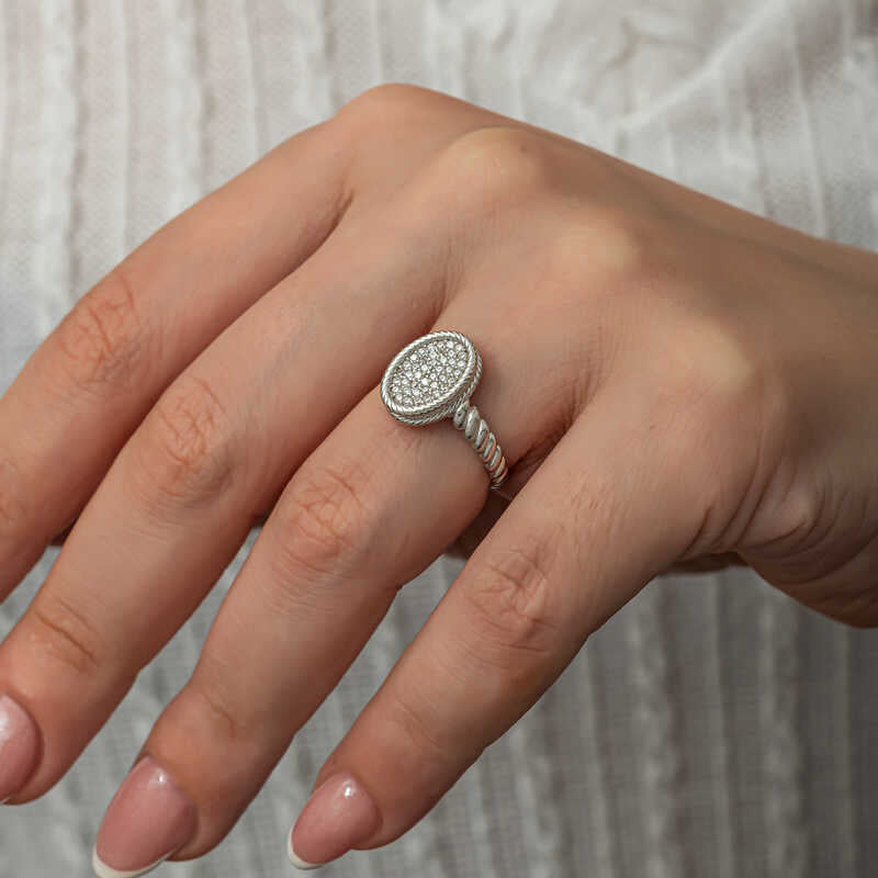 Ring - Sterling Silver Zircon Oval Pave Rope Edge Statement Ring