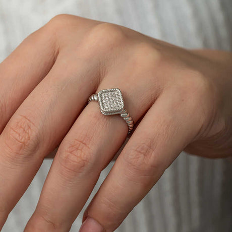 Sterling Silver - Square Pave Zircon Twisted Band Ring