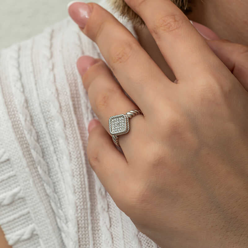 Sterling Silver - Square Pave Zircon Twisted Band Ring