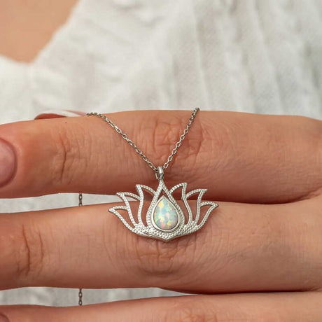 Sterling Silver Opal Lotus Necklace - Elegant Spiritual Design