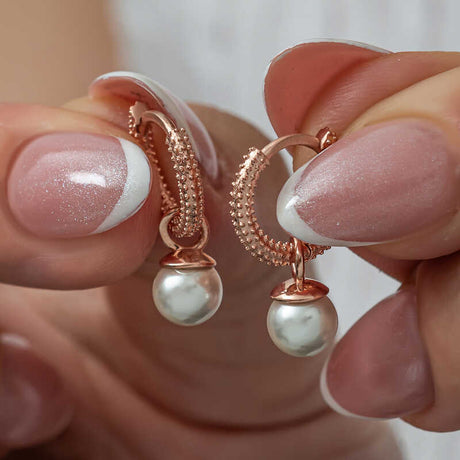 Rose Gold-Tone Pearl Drop Hoop Earrings - Elegant Textured Design