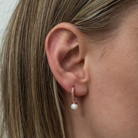 Rose Gold-Tone Pearl Drop Hoop Earrings - Elegant Textured Design