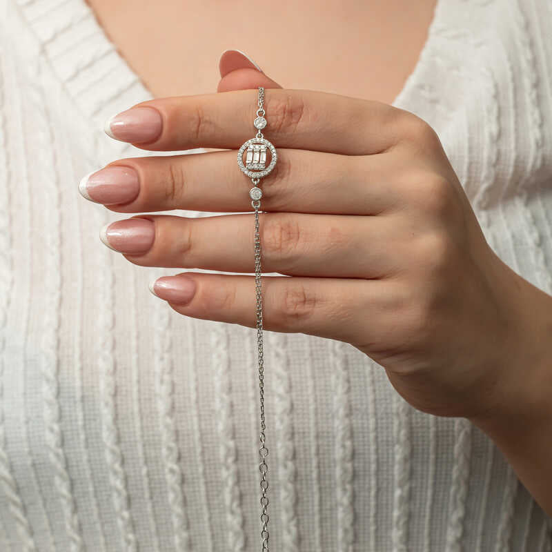 Sterling Silver Bracelet - Elegant Baguette & Pave Circle Design