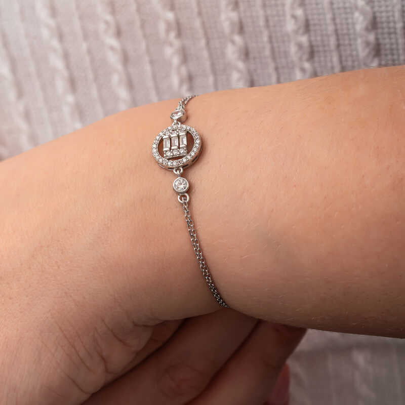 Sterling Silver Bracelet - Elegant Baguette & Pave Circle Design