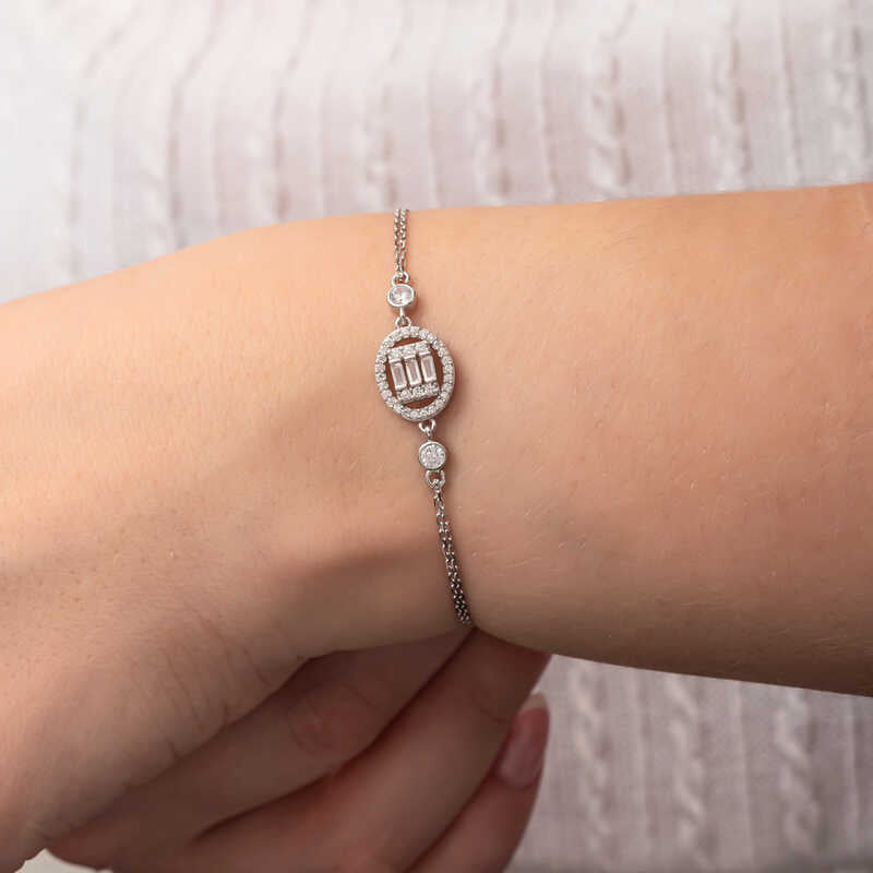 Silver-Tone Baguette & Round Stone Bracelet - Elegant Circle Design