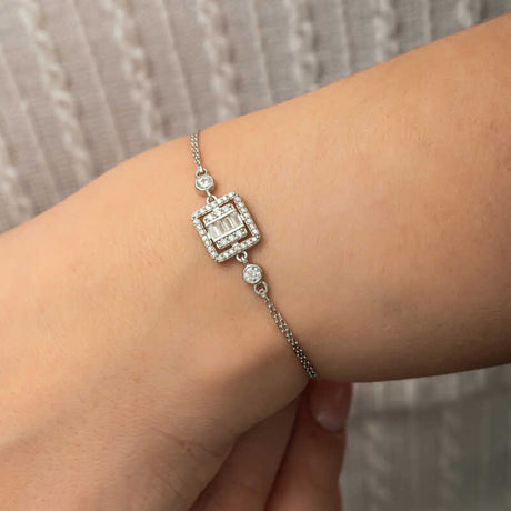 Sterling Silver Bracelet - Square Baguette Halo with Sparkling Zirconia