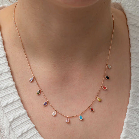 Necklace - Rose Gold Plated Dainty Colorful Teardrop Charm