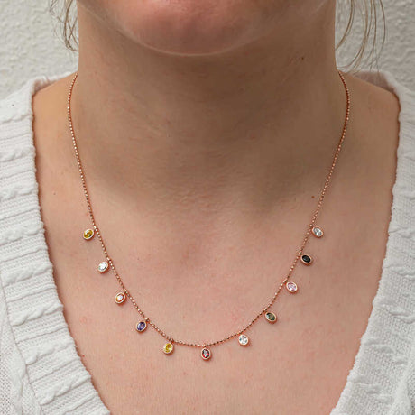 Necklace - Rose Gold Tone Multi-Color Oval Stone Dainty Necklace