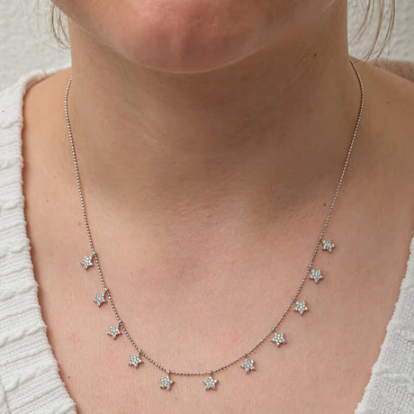 Sparkling Silver-Tone Necklace - Dainty Pave Star Charm Chain
