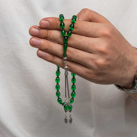 Tesbih Prayer Beads - Green Compressed Amber & Silver Tassel