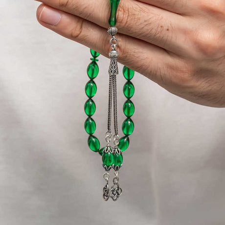 Tesbih Prayer Beads - Green Compressed Amber & Silver Tassel