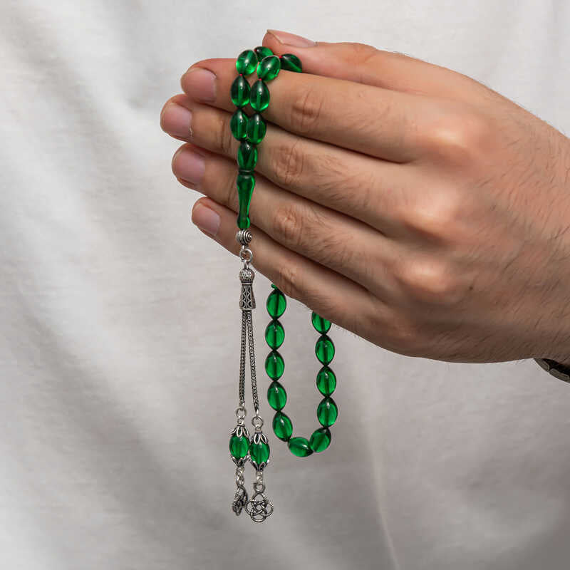 Tesbih Prayer Beads - Green Compressed Amber & Silver Tassel