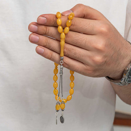 Elegant Amber Tesbih - Traditional Sterling Silver Tassel Prayer Beads