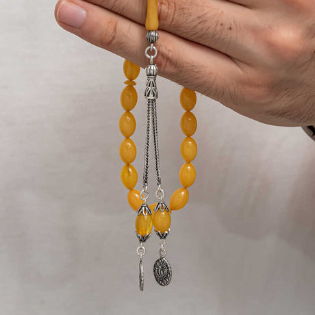 Elegant Amber Tesbih - Traditional Sterling Silver Tassel Prayer Beads