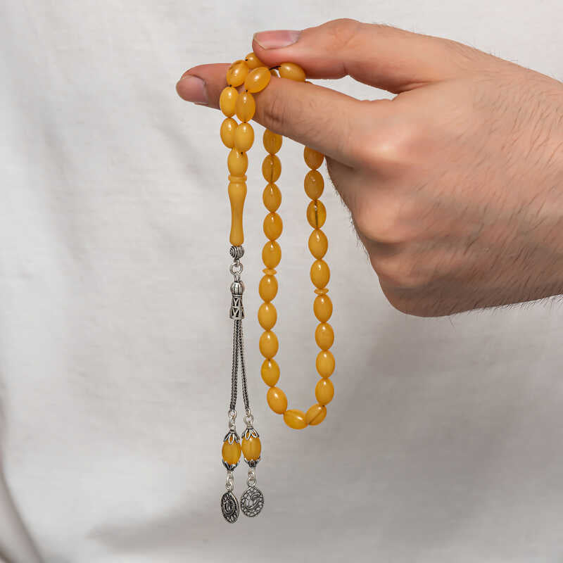 Elegant Amber Tesbih - Traditional Sterling Silver Tassel Prayer Beads