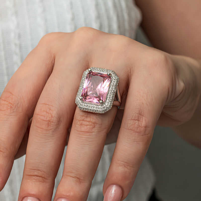 Women's Ring - Sterling Silver Pink Zircon Statement Ring with Pave Halo