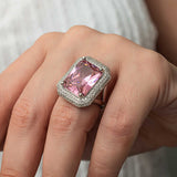 Women's Ring - Sterling Silver Pink Zircon Statement Ring with Pave Halo