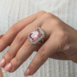 Women's Ring - Sterling Silver Pink Zircon Statement Ring with Pave Halo