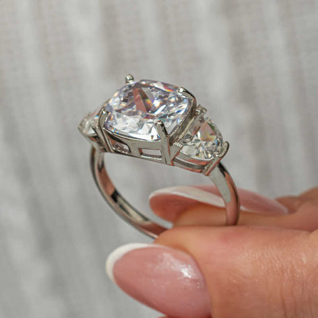 Ring - Brilliant Silver-Tone Three-Stone Cushion Cut Zirconia