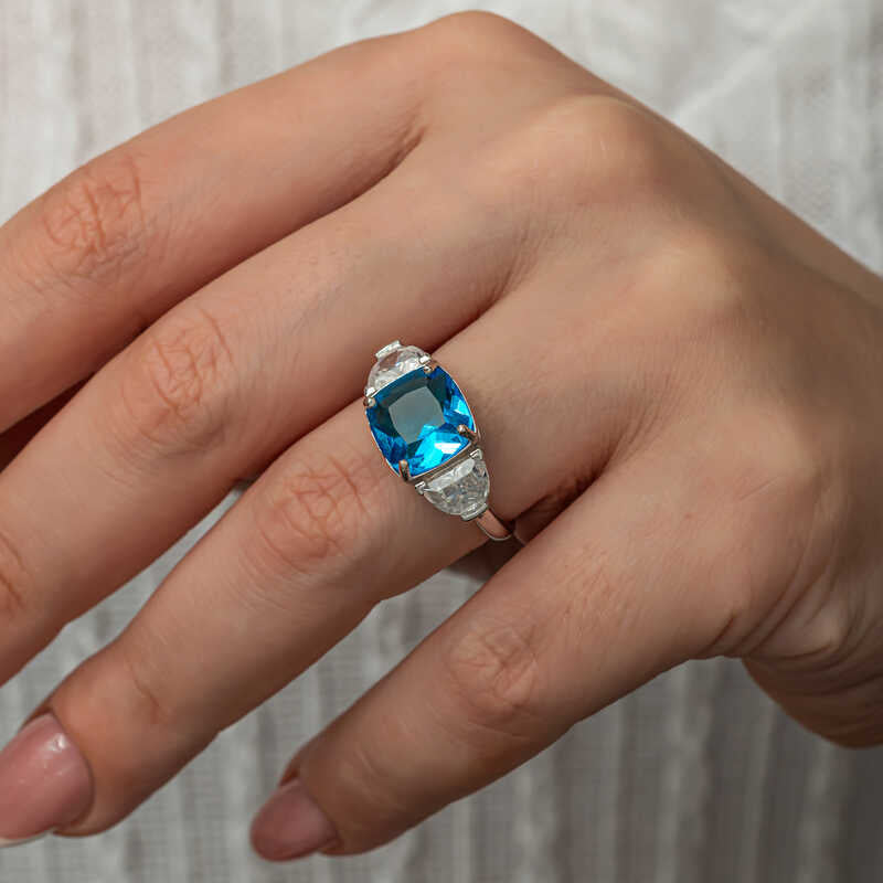 Sterling Silver Three-Stone Ring - Cushion Blue Zircon & Clear Accents