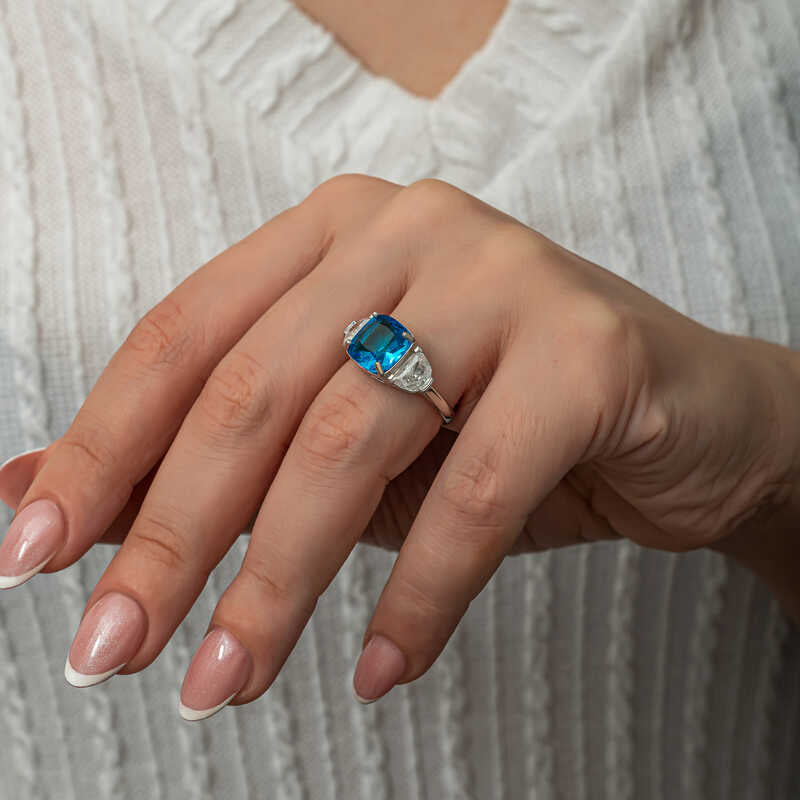 Sterling Silver Three-Stone Ring - Cushion Blue Zircon & Clear Accents