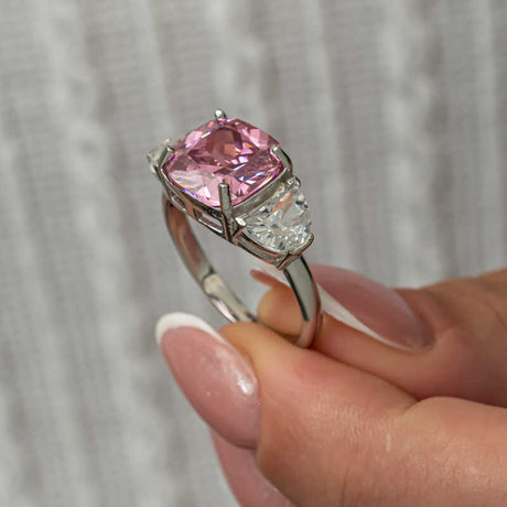 Silver Three-Stone Ring - Pink Zircon Cushion Cut Statement
