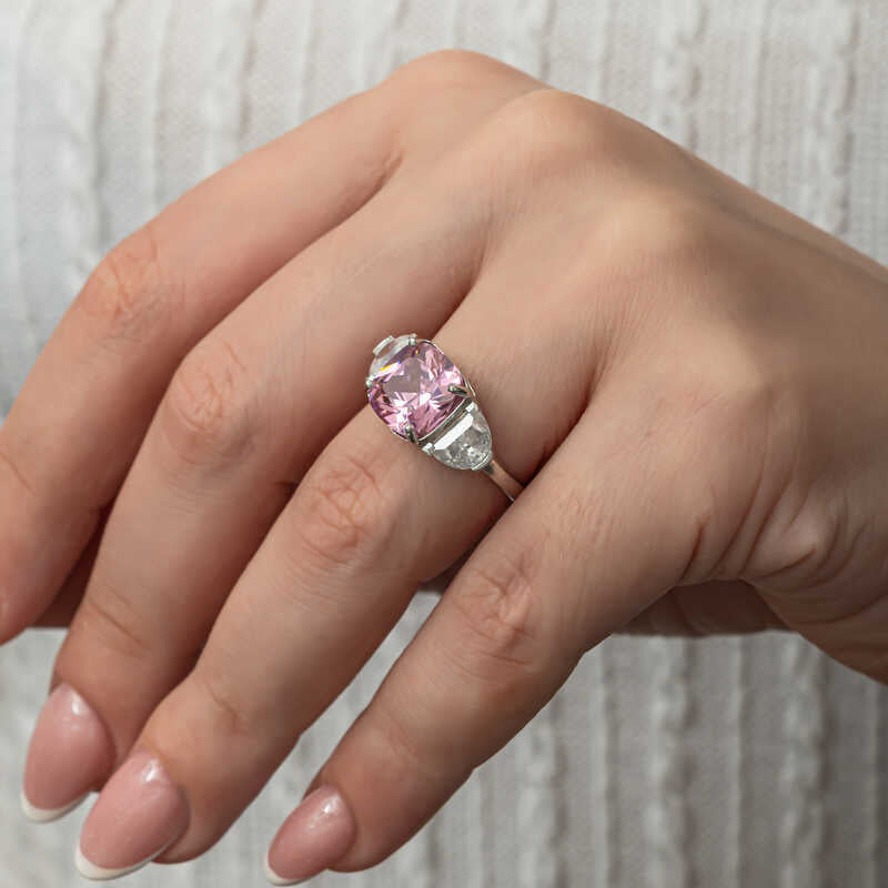 Silver Three-Stone Ring - Pink Zircon Cushion Cut Statement